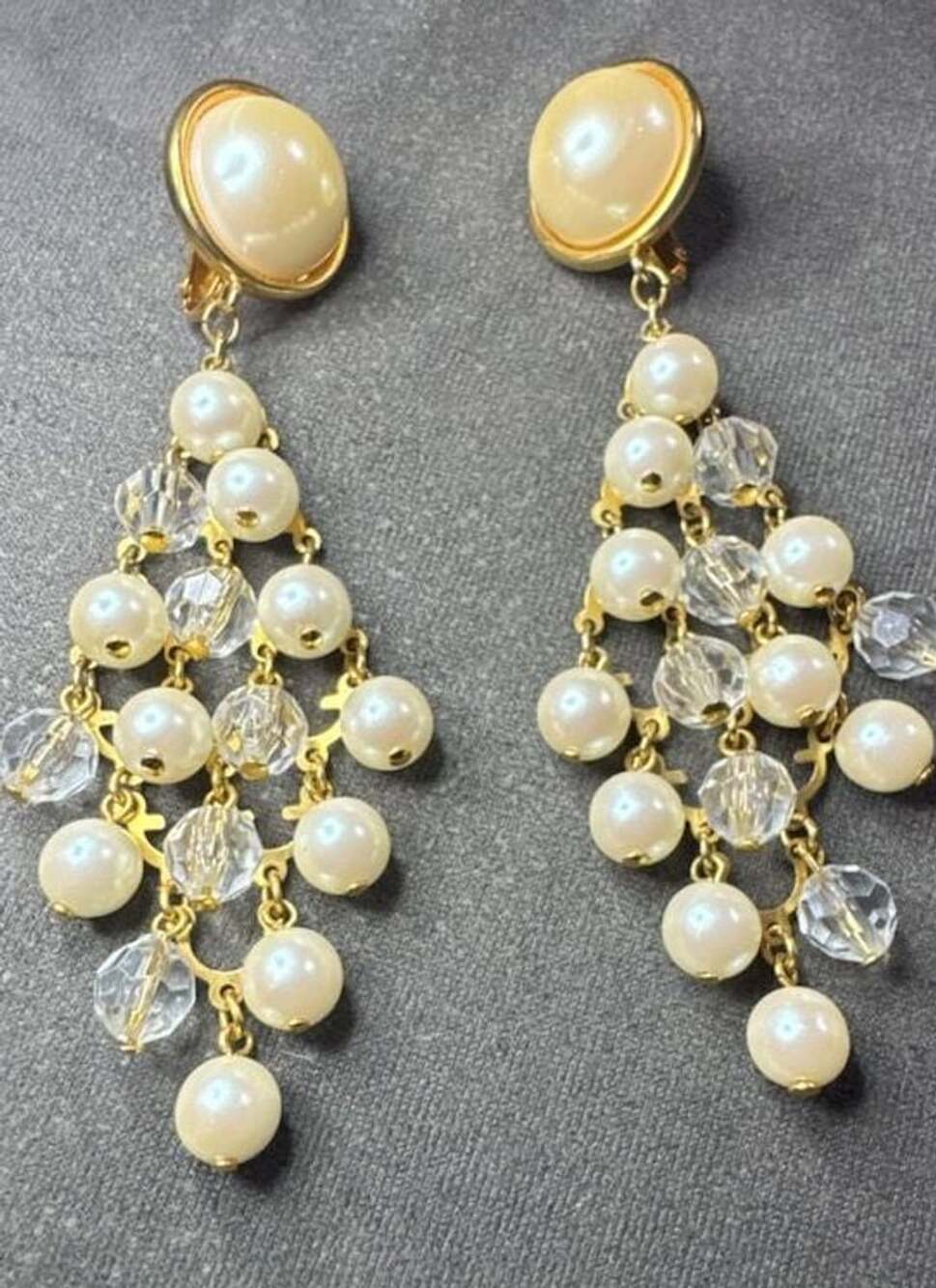 Avon Vintage Gold Tone Faux Pearl Crystal Chandelier Earrings